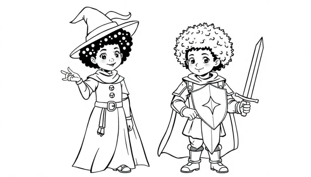 Zwart-wit kleurplaat van een vriendelijke heks met een puntige hoed en een jongetje in ridderharnas met een schild en zwaard.