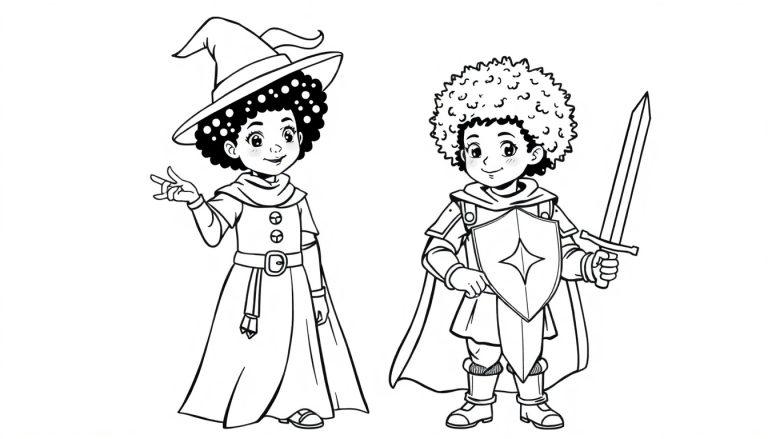 Zwart-wit kleurplaat van een vriendelijke heks met een puntige hoed en een jongetje in ridderharnas met een schild en zwaard.