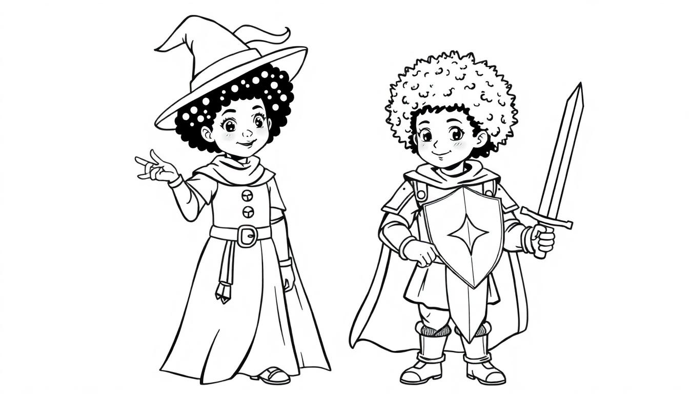 Zwart-wit kleurplaat van een vriendelijke heks met een puntige hoed en een jongetje in ridderharnas met een schild en zwaard.
