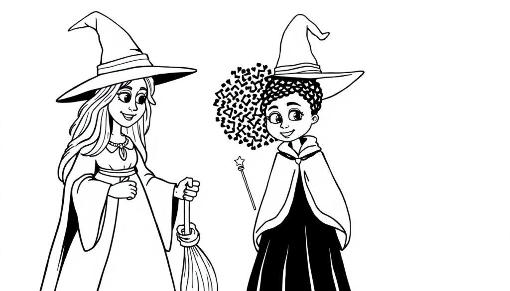 Kleurplaat van twee vrolijke heksen, een met een bezem en een met een toverstaf.