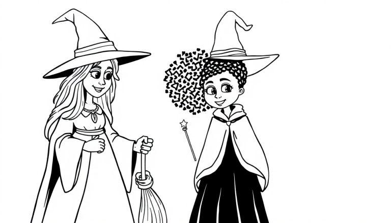 Kleurplaat van twee vrolijke heksen, een met een bezem en een met een toverstaf.