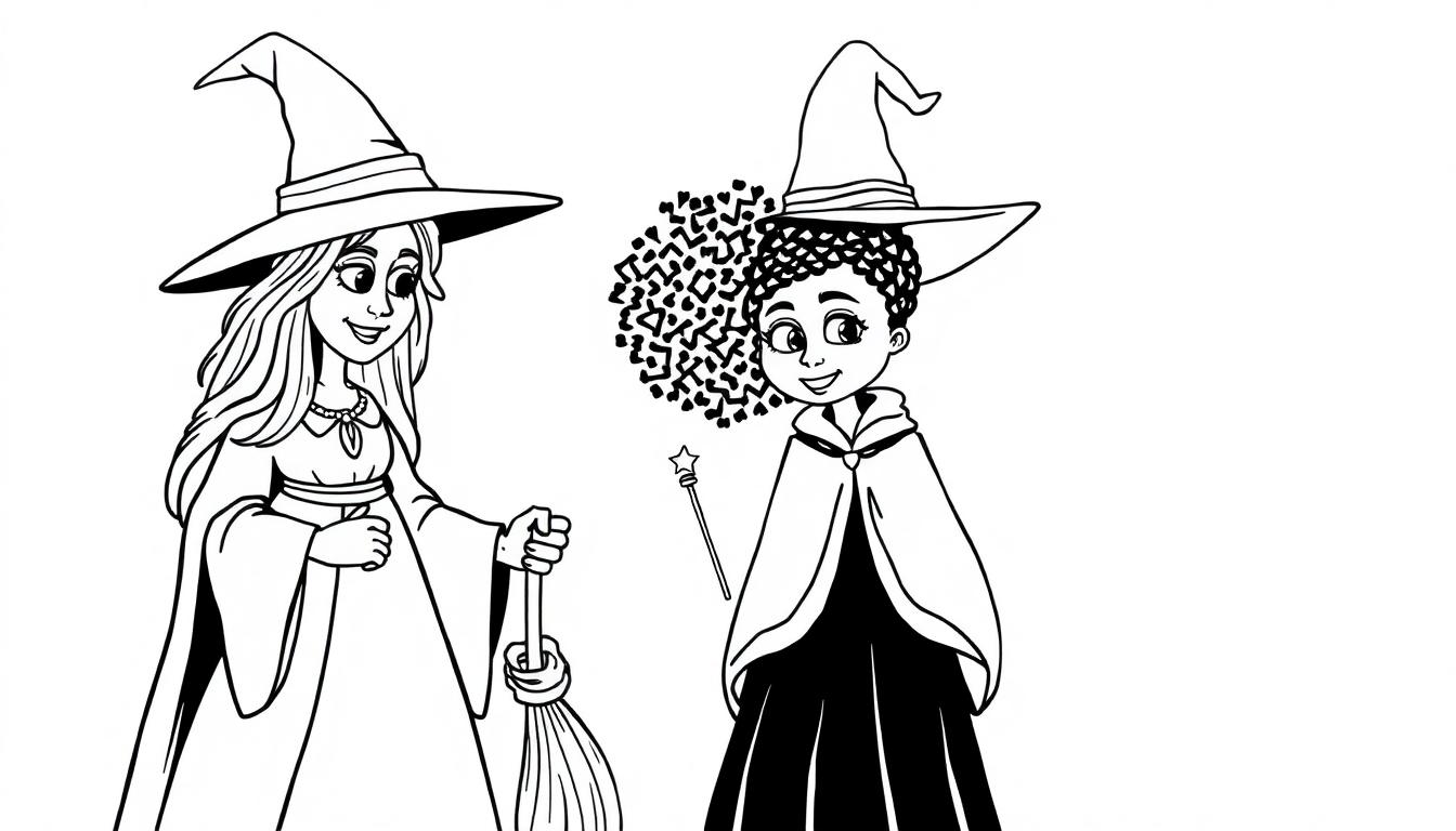 Kleurplaat van twee vrolijke heksen, een met een bezem en een met een toverstaf.