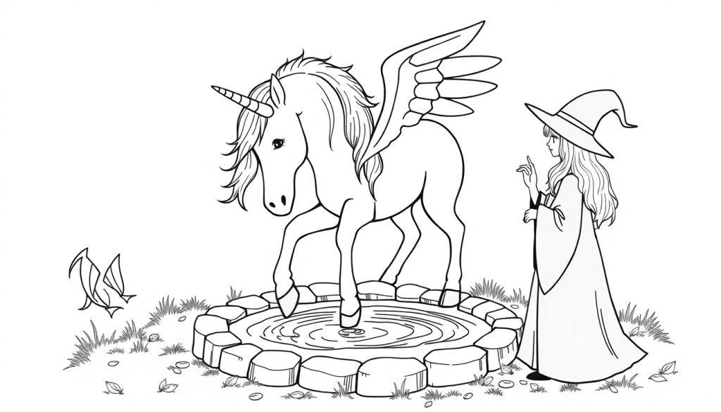 Een kleurplaat van een magische scène met een heks, een gevleugelde eenhoorn en een kleine draak bij een vijver.