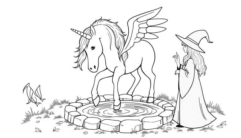 Een kleurplaat van een magische scène met een heks, een gevleugelde eenhoorn en een kleine draak bij een vijver.