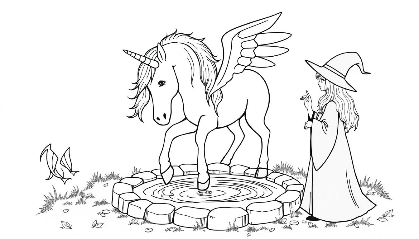 Een kleurplaat van een magische scène met een heks, een gevleugelde eenhoorn en een kleine draak bij een vijver.