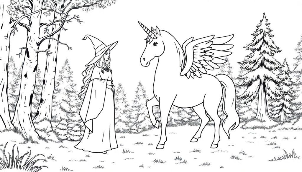 Kleurplaat van een heks en een gevleugelde eenhoorn in een magisch bos.