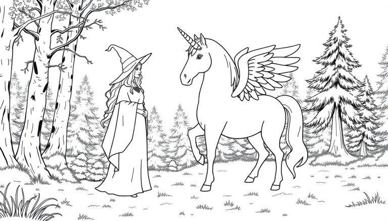 Kleurplaat van een heks en een gevleugelde eenhoorn in een magisch bos.