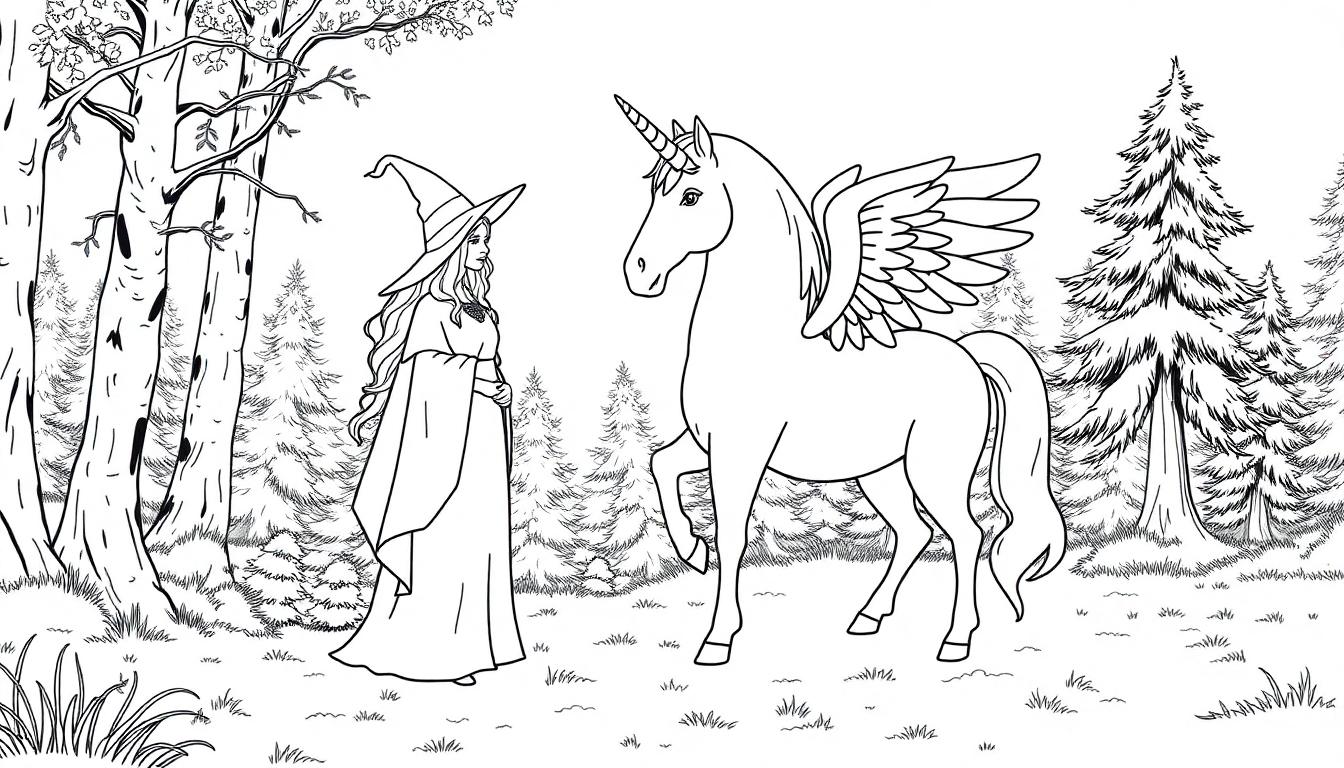 Kleurplaat van een heks en een gevleugelde eenhoorn in een magisch bos.
