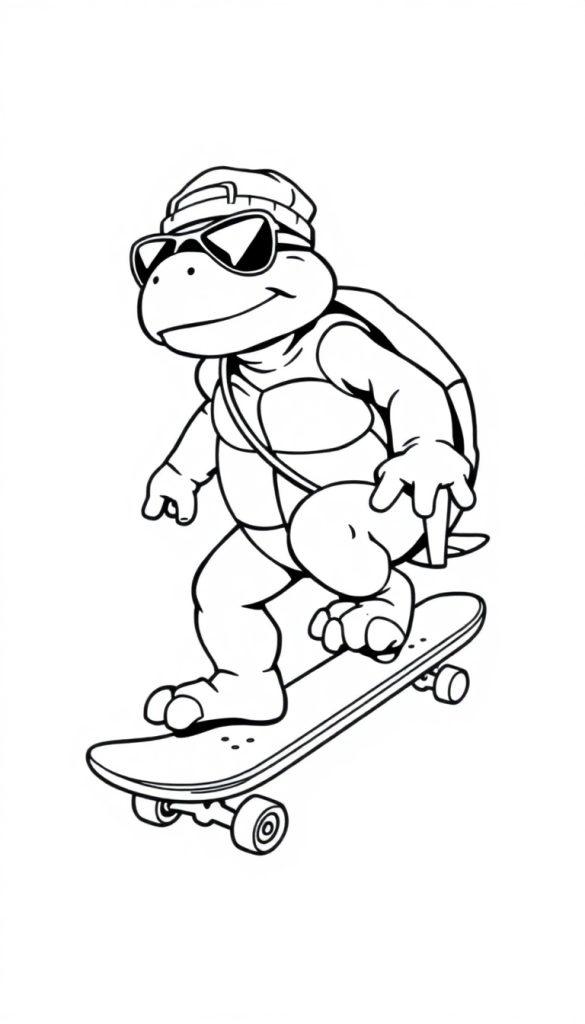 Kleurplaat van een vrolijke schildpad met pet en zonnebril die op een skateboard rijdt.