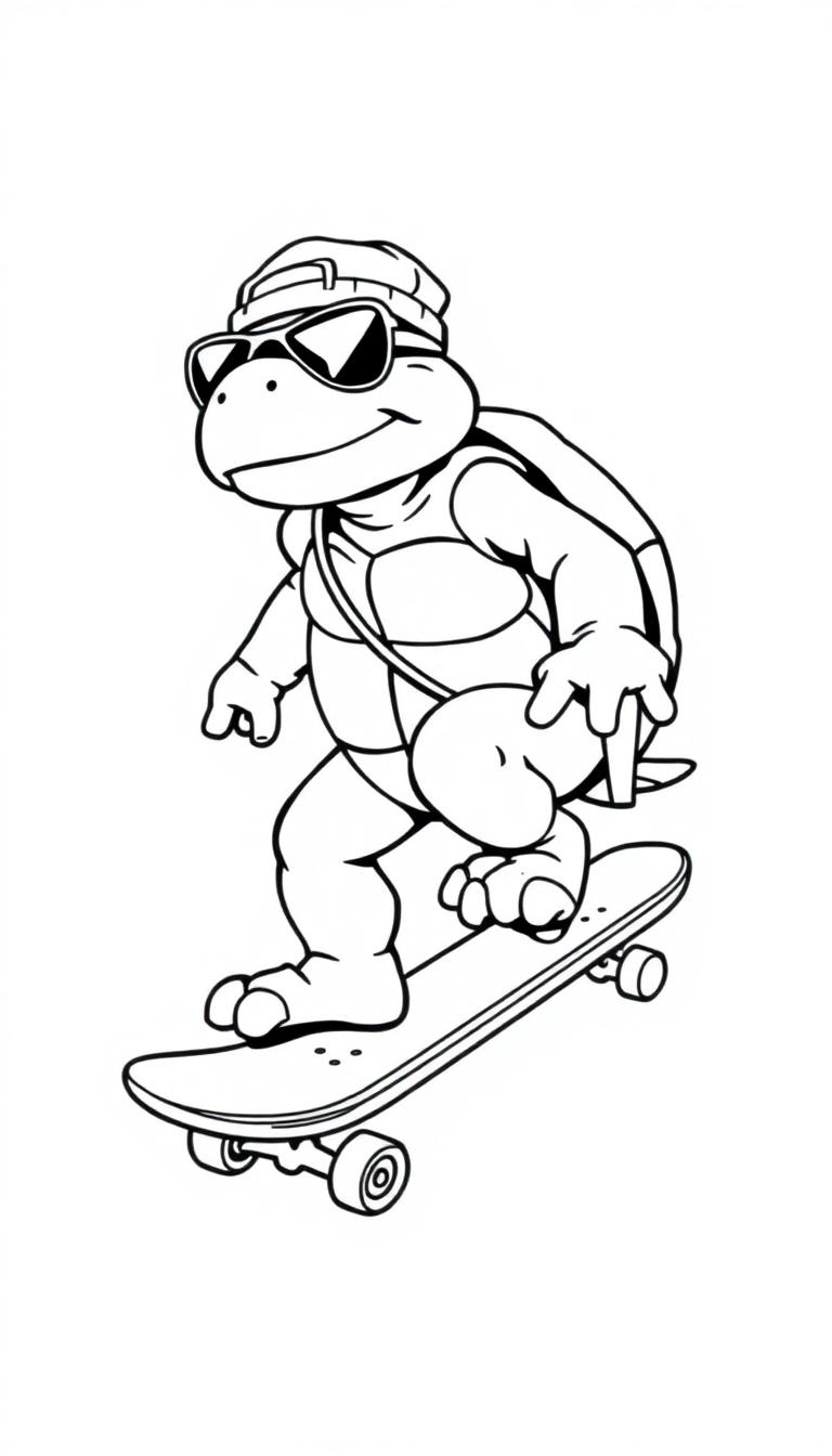 Kleurplaat van een vrolijke schildpad met pet en zonnebril die op een skateboard rijdt.