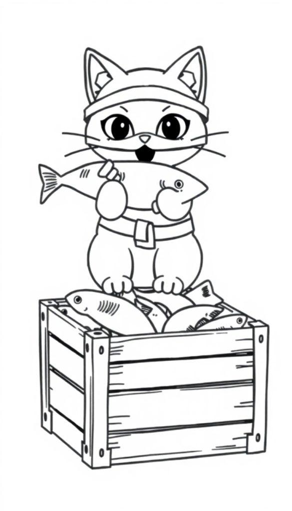 Een kleurplaat met een vrolijke kat-ninja die rechtop staat op een krat vol vis, klaar om in te kleuren.