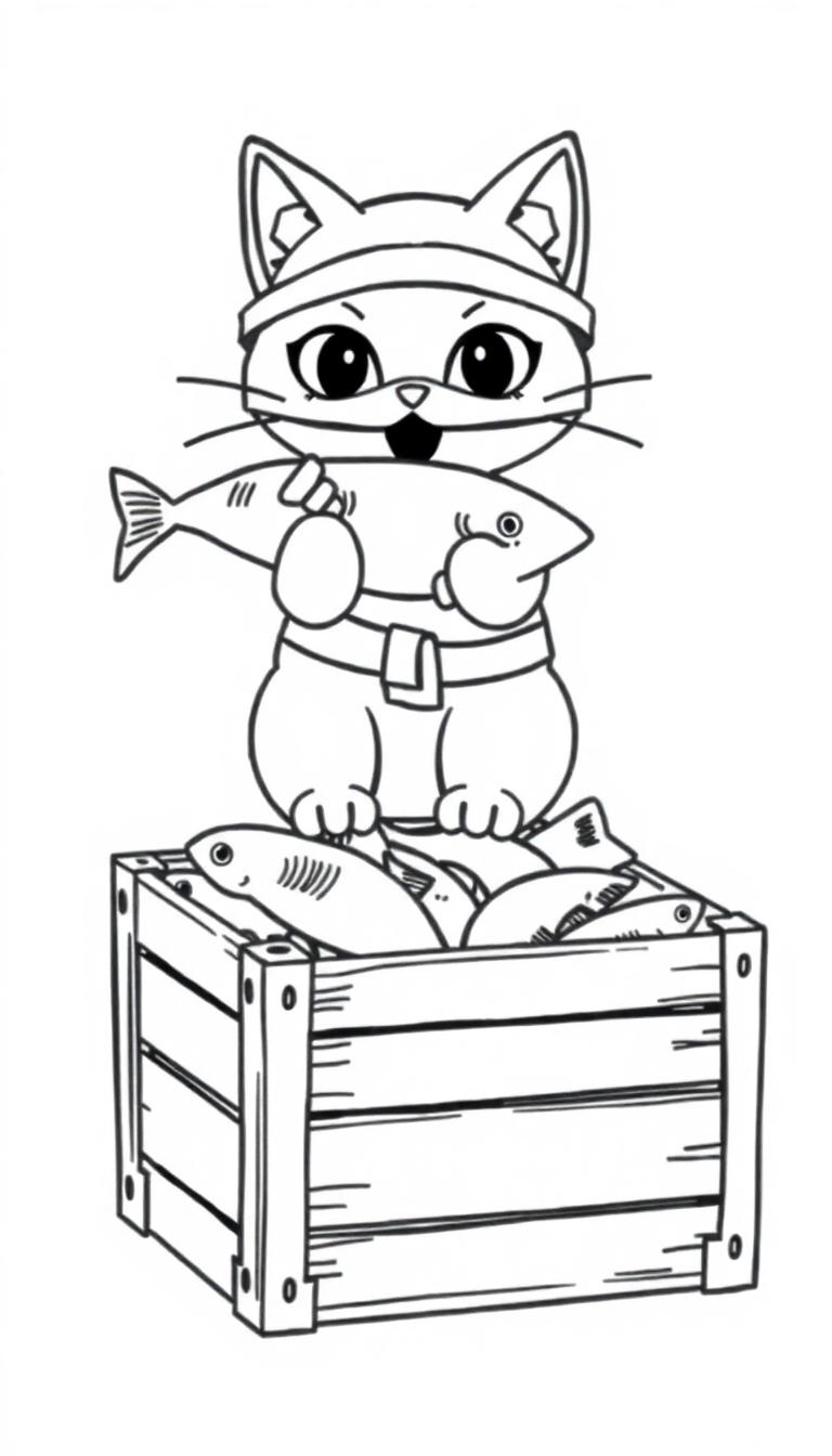 Een kleurplaat met een vrolijke kat-ninja die rechtop staat op een krat vol vis, klaar om in te kleuren.