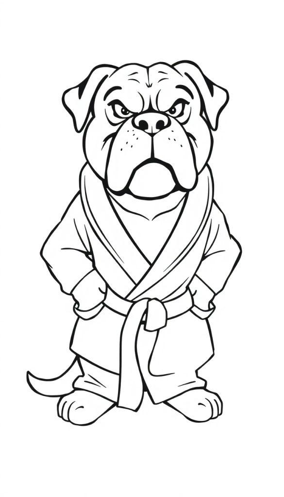 Kleurplaat van een stoere bulldog in een kimono, klaar voor actie.