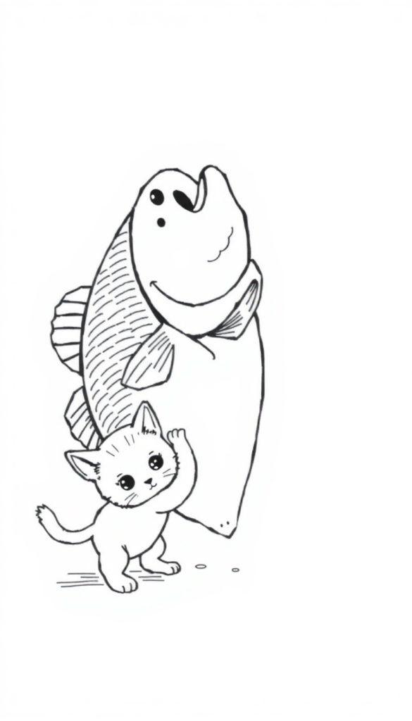 Zwart-wit kleurplaat van een kleine kitten die een grote lachende vis vasthoudt, groter dan de kitten zelf.
