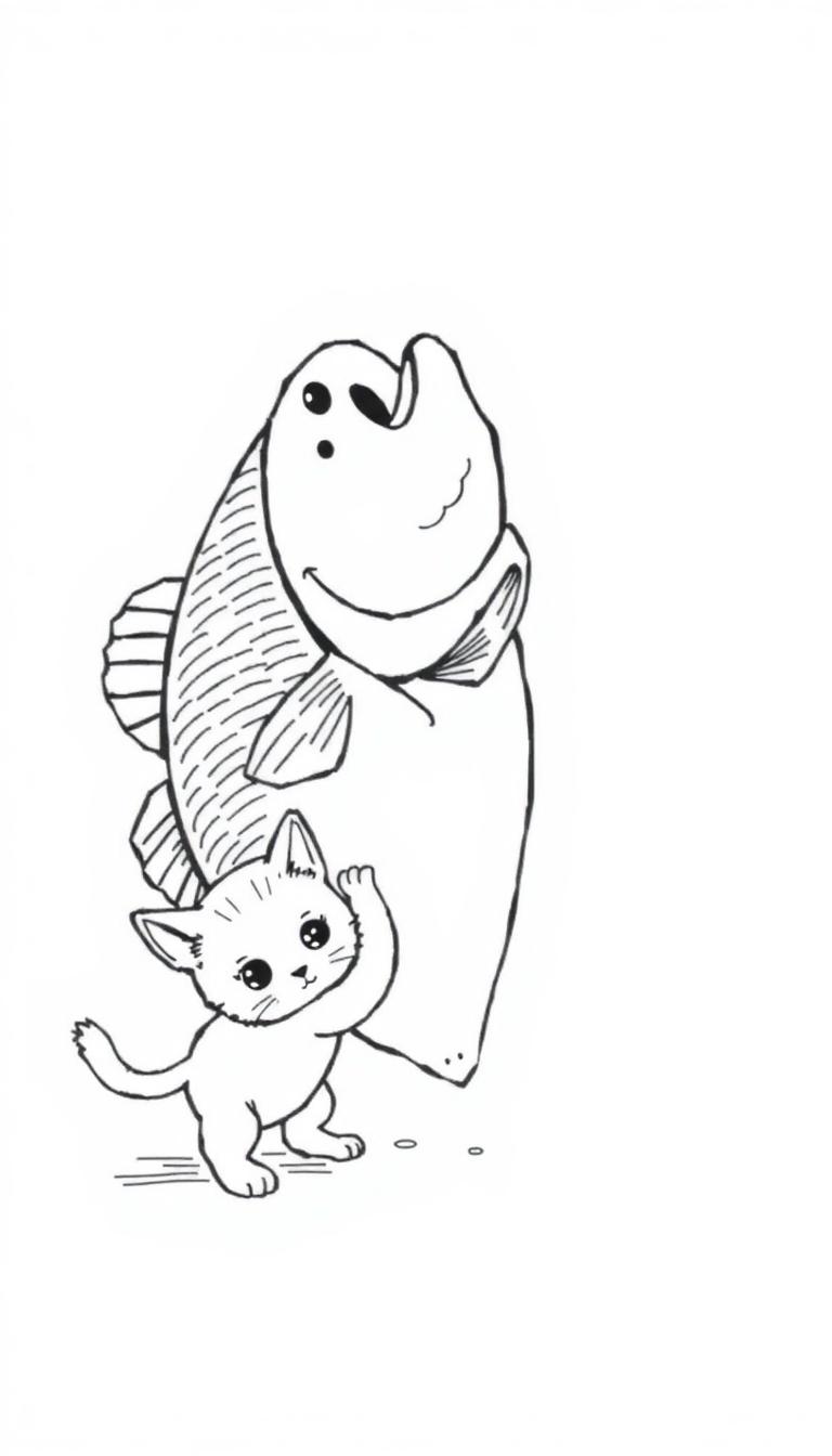 Zwart-wit kleurplaat van een kleine kitten die een grote lachende vis vasthoudt, groter dan de kitten zelf.