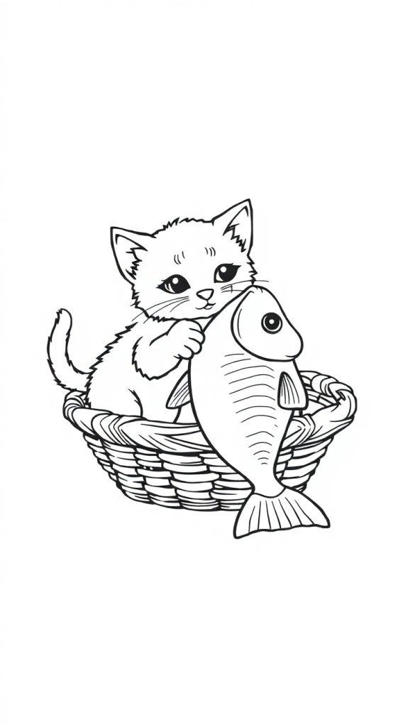 Een zwart-wit kleurplaat van een schattige kitten in een mand, die een grote vis vasthoudt.