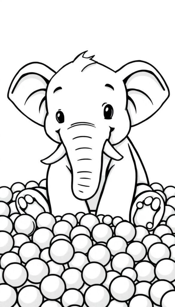 Kleurplaat van een vrolijke babyolifant die bijna verdwijnt in een ballenbak vol ballen.