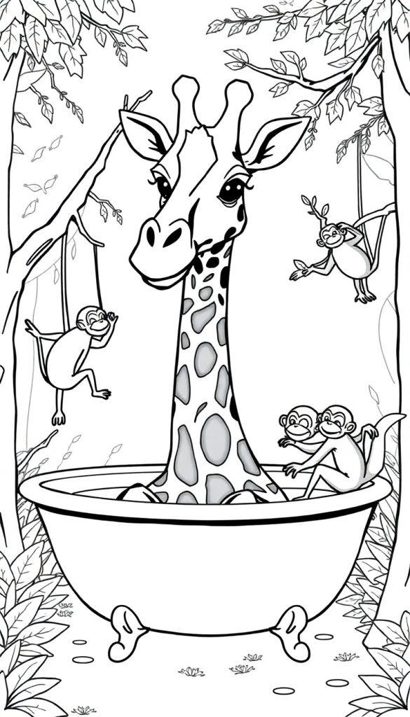 Kleurplaat met een grappige giraffe in een badkuip, omringd door speelse apen in een bosomgeving.