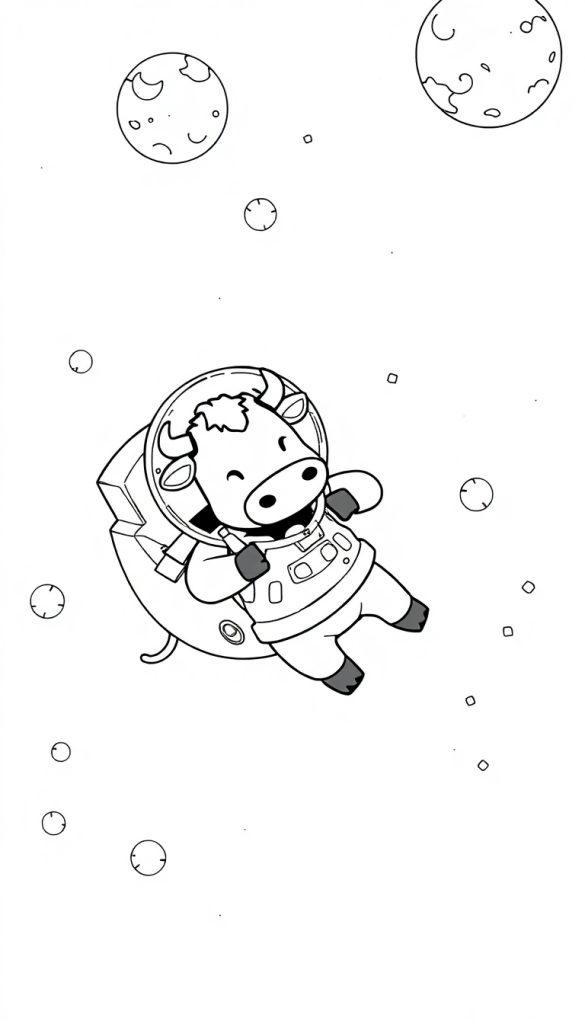 Een vrolijke cartoonkleurplaat van een koe in een astronautenpak die door de ruimte zweeft, omringd door planeten en sterren.