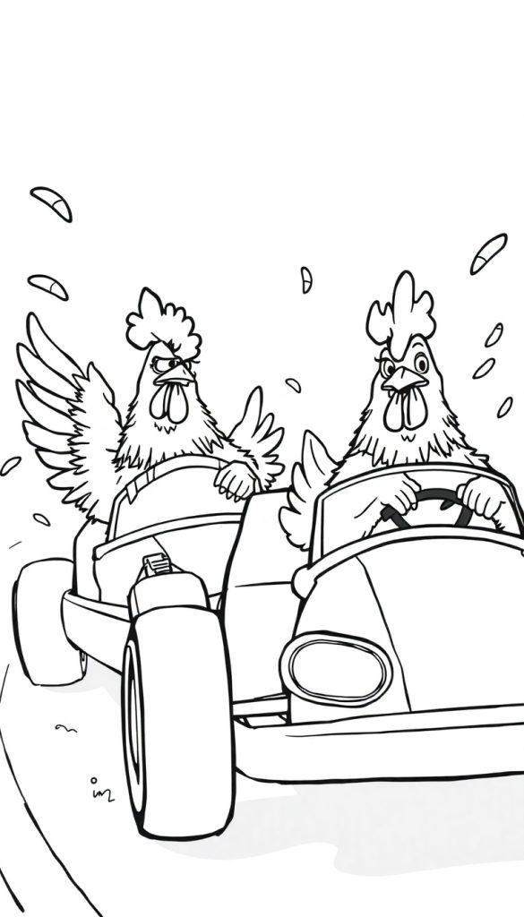 Twee kippen in botsauto's met vliegende veren, als leuke kleurplaat.