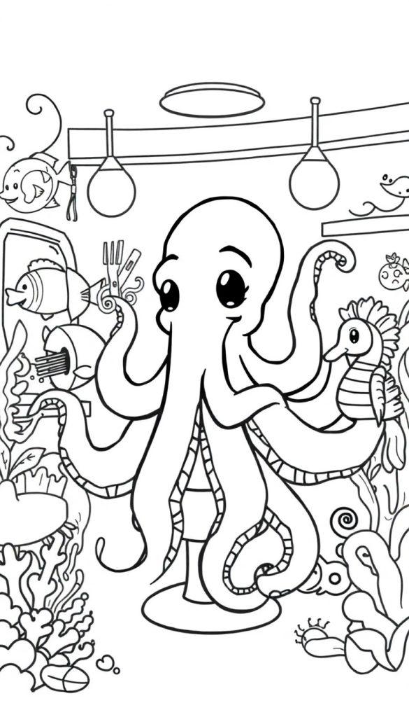 Kleurplaat van een vrolijke octopus die in een onderwaterkapsalon werkt en zijn tentakels gebruikt om verschillende objecten vast te houden, zoals een schaar, kam en spiegel.