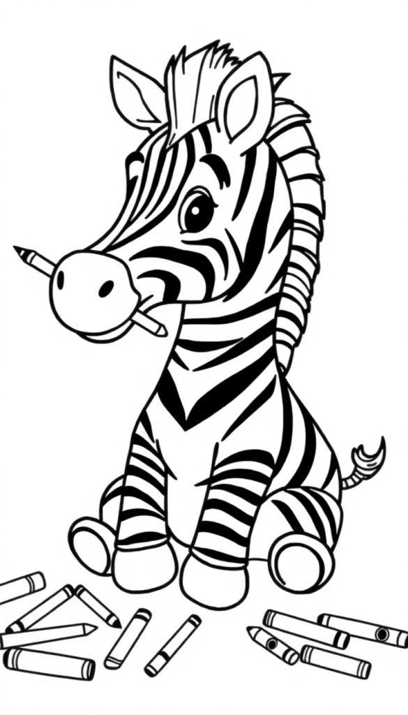 Een glimlachende zebra met een potlood in zijn mond zit tussen gekleurde potloden op de grond. Perfect voor een kleurplaat!