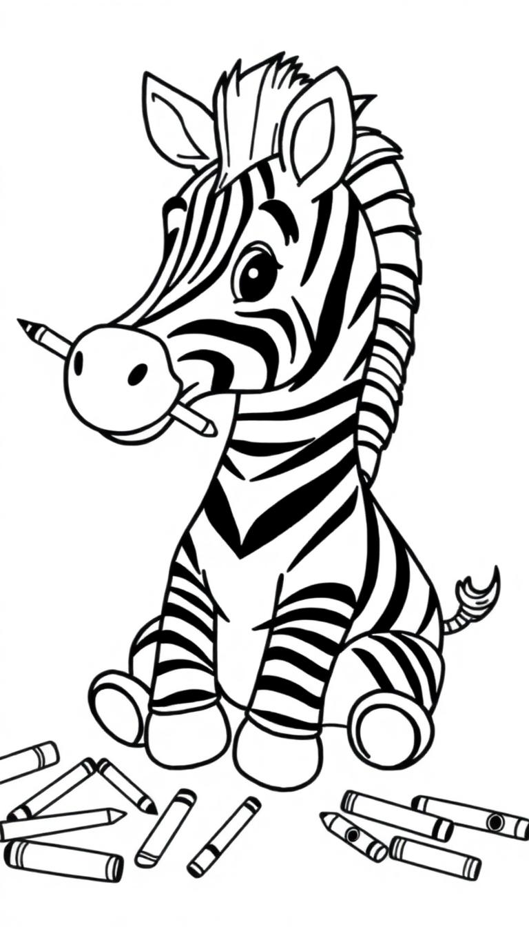 Een glimlachende zebra met een potlood in zijn mond zit tussen gekleurde potloden op de grond. Perfect voor een kleurplaat!