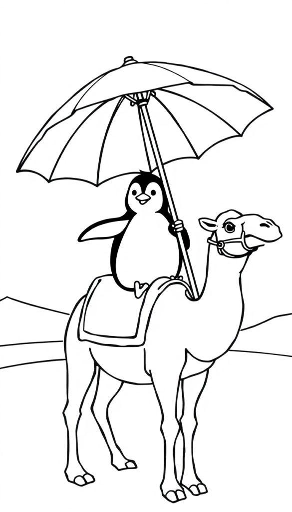 Kleurplaat van een grappige pinguïn op een kameel in een woestijn met een parasol tegen de zon.