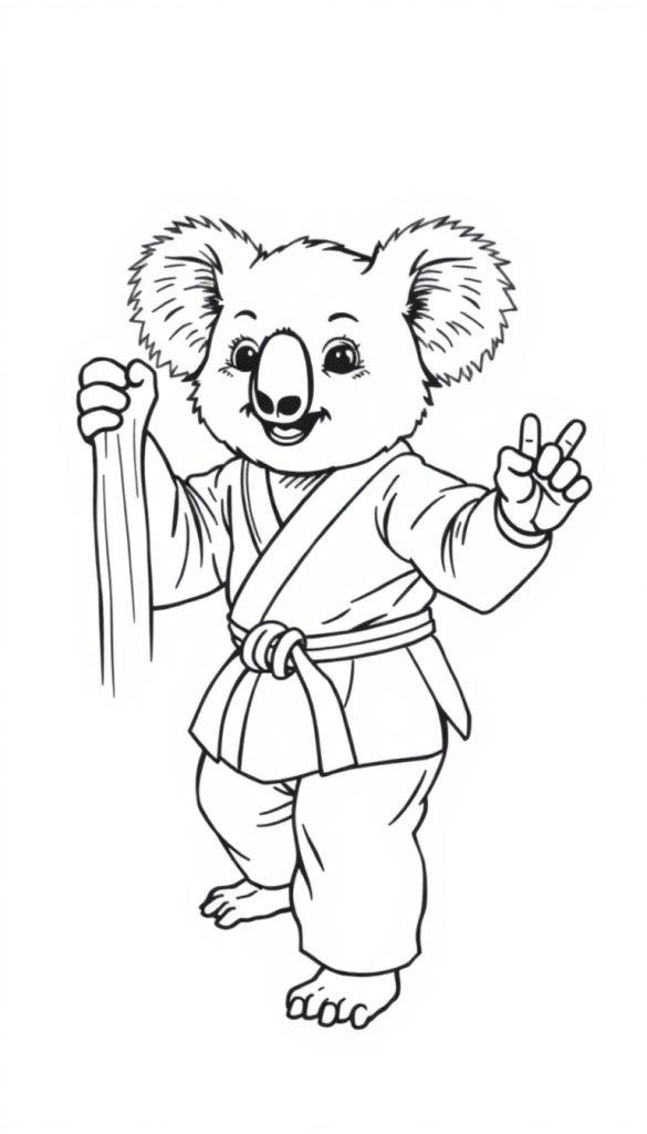 Kleurplaat van een vrolijke koala in een karatepak die een vredesteken maakt.