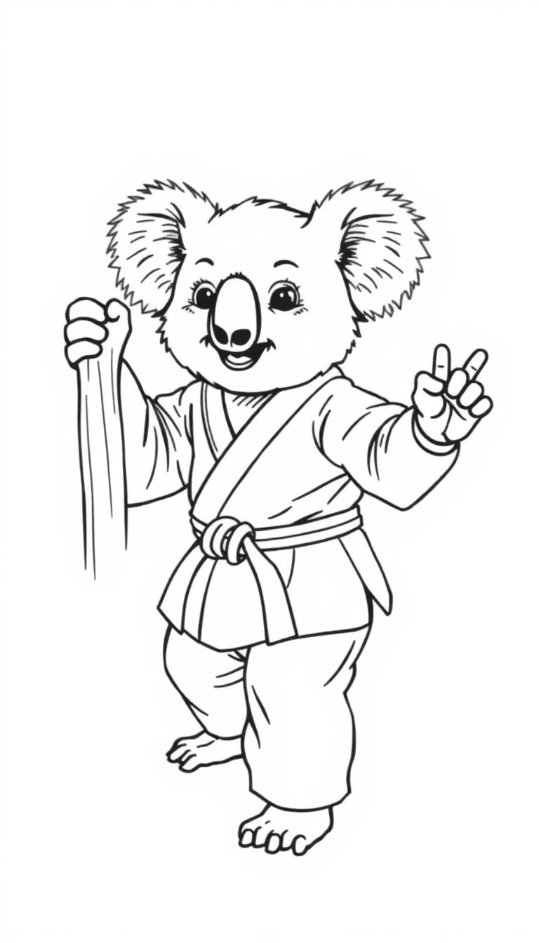 Kleurplaat van een vrolijke koala in een karatepak die een vredesteken maakt.