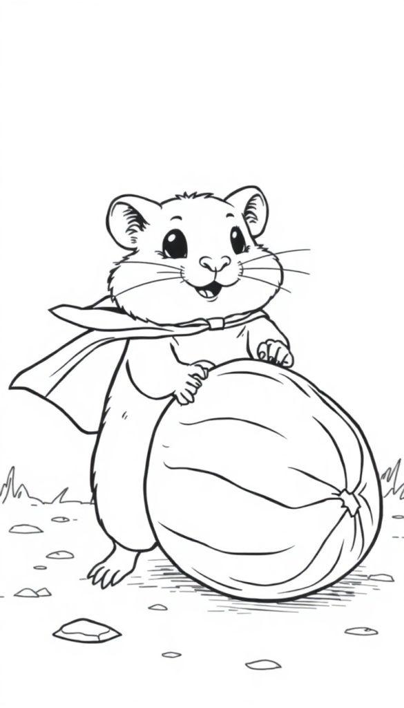 Kleurplaat van een hamster in een superheldencape die een grote meloen knuffelt, zittend in het gras met een vrolijke uitstraling.