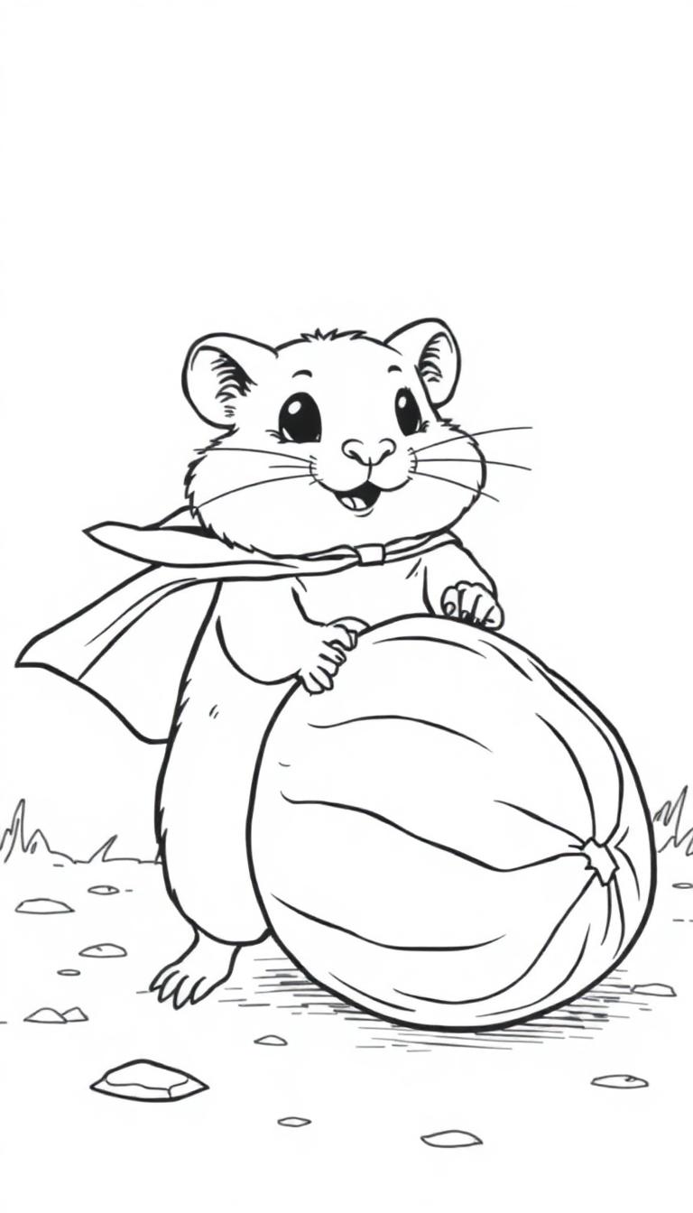 Kleurplaat van een hamster in een superheldencape die een grote meloen knuffelt, zittend in het gras met een vrolijke uitstraling.