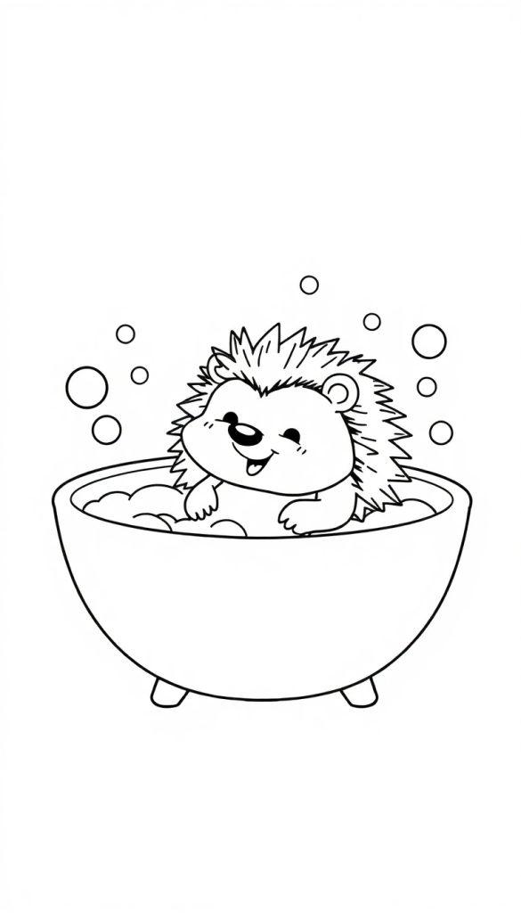 Kleurplaat van een vrolijke egel die geniet van een bubbelbad vol schuim en bellen.