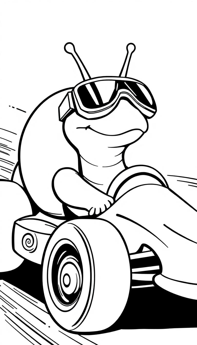 Kleurplaat van een slak met een bril die een raceauto bestuurt, met snelheidstrepen achter de auto.