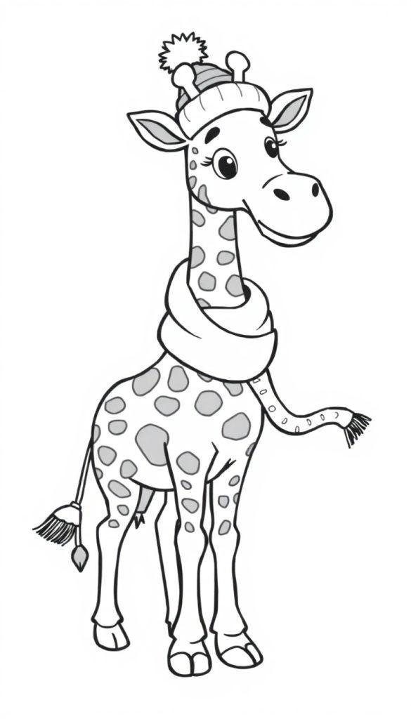 Kleurplaat van een vrolijke giraffe met een wintermuts en een lange sjaal die wappert in de wind.