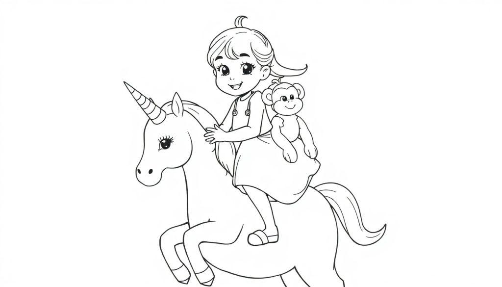 Kleurplaat van een meisje op een eenhoorn met een knuffelaapje.
