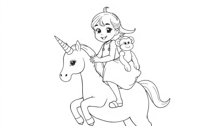 Kleurplaat van een meisje op een eenhoorn met een knuffelaapje.