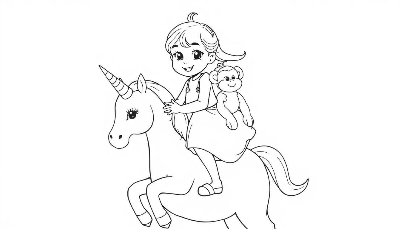 Kleurplaat van een meisje op een eenhoorn met een knuffelaapje.