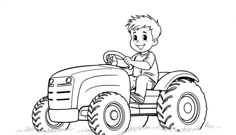 Kleurplaat van een lachend kind dat op een tractor rijdt op het gras.