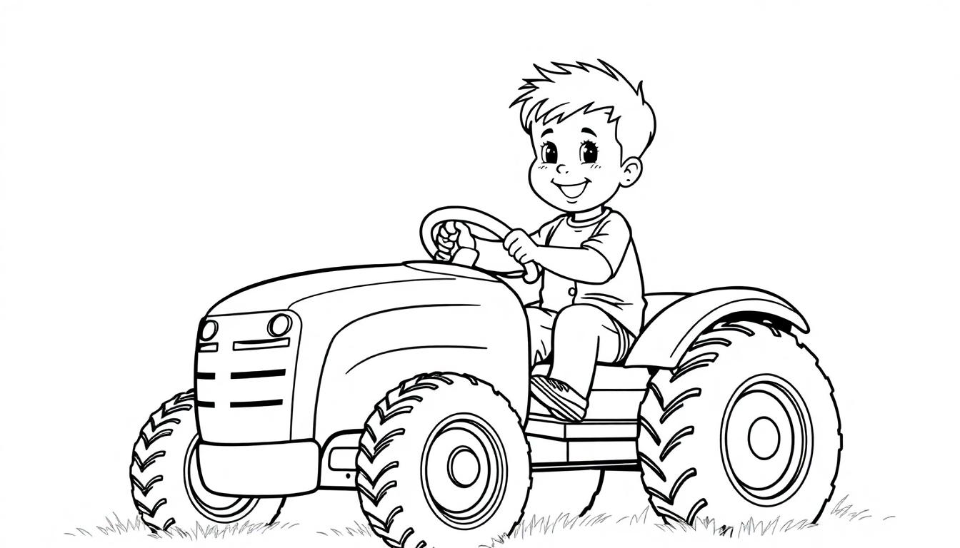 Kleurplaat van een lachend kind dat op een tractor rijdt op het gras.