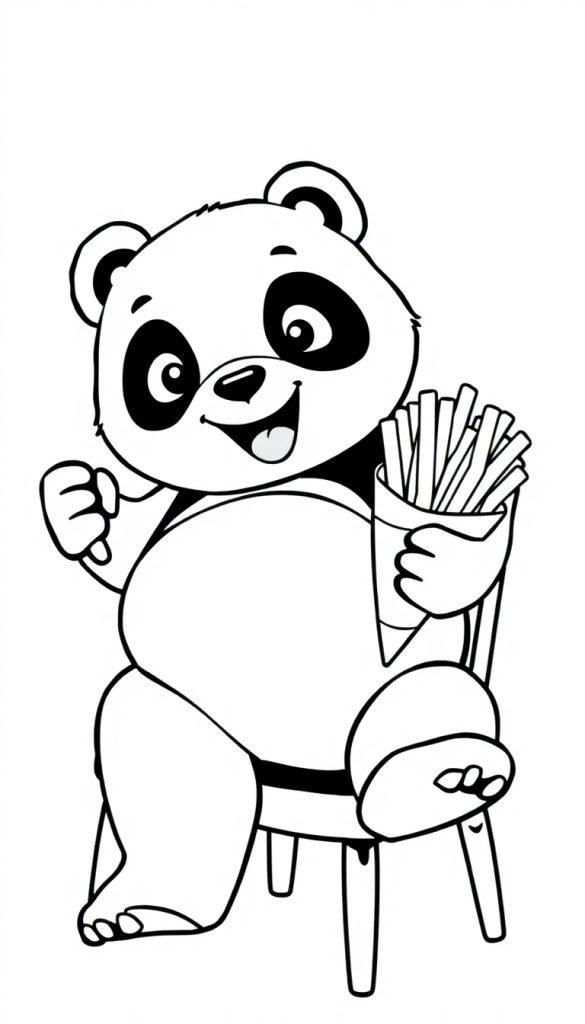Kleurplaat van een schattige panda die frietjes eet uit een puntzak, terwijl hij vrolijk op een stoel zit.