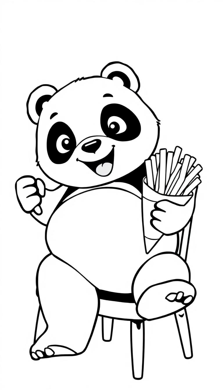Kleurplaat van een schattige panda die frietjes eet uit een puntzak, terwijl hij vrolijk op een stoel zit.