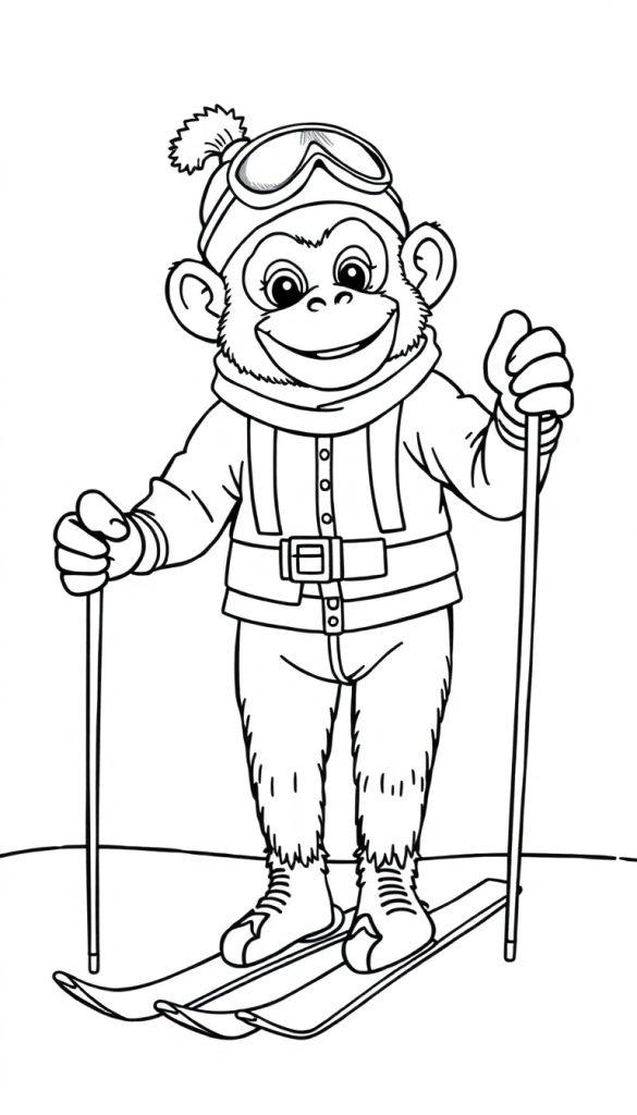 Kleurplaat van een vrolijke aap die aan het skiën is in een wintersport outfit.
