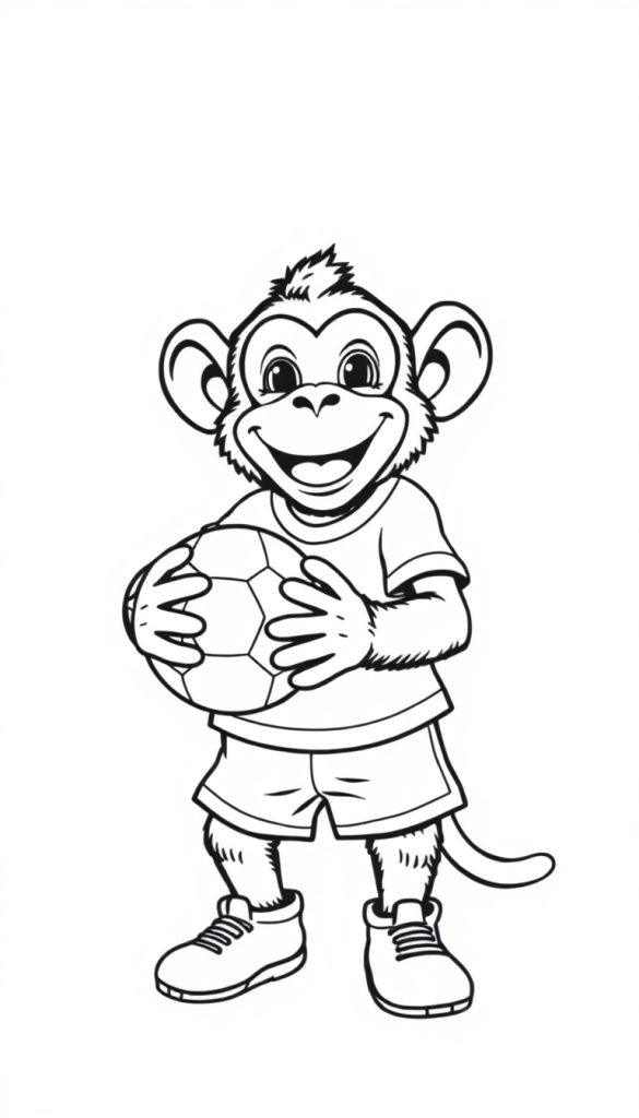 Zwart-wit kleurplaat van een vrolijke aap in sportieve kleding met een voetbal in zijn handen.
