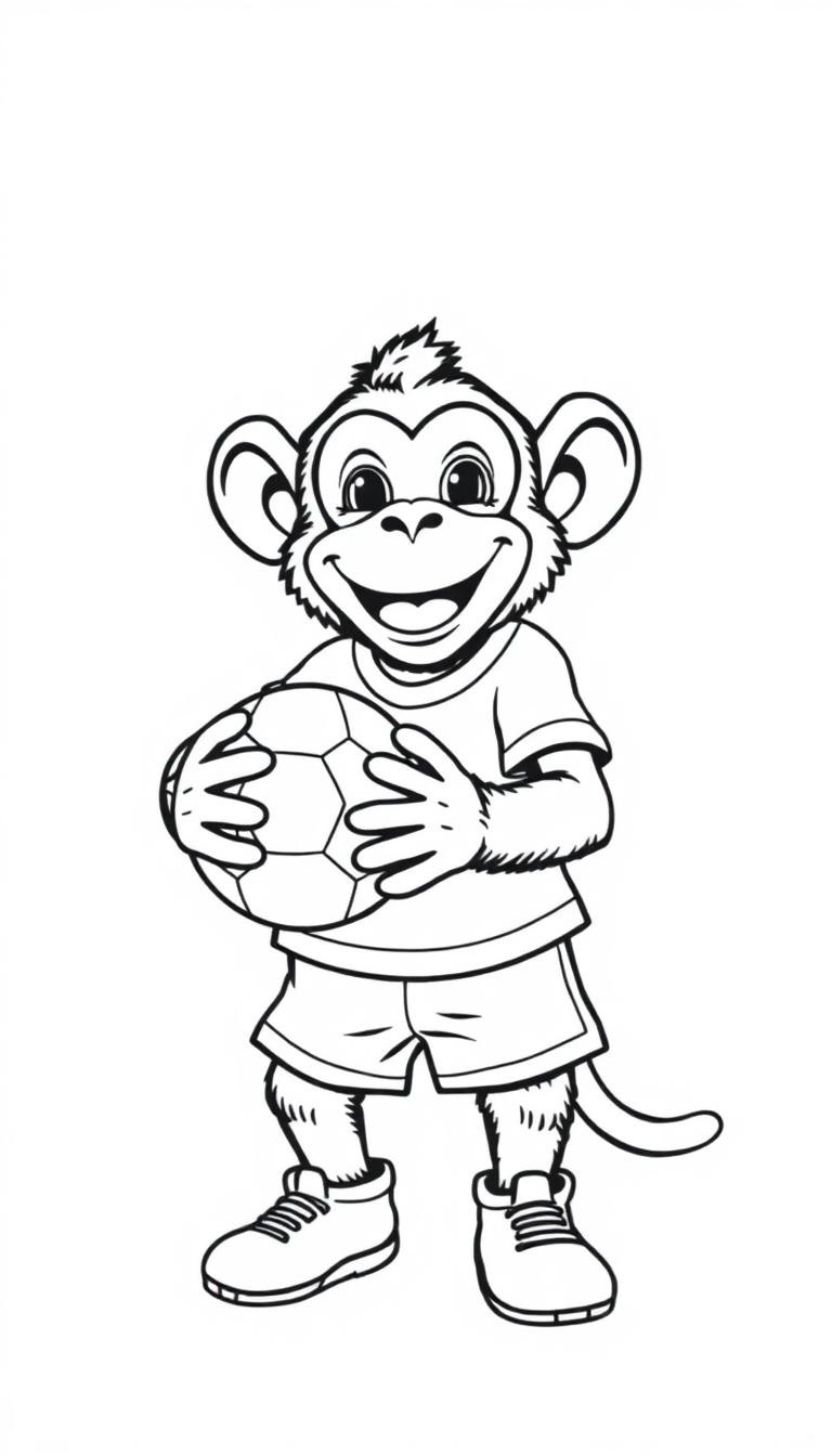 Zwart-wit kleurplaat van een vrolijke aap in sportieve kleding met een voetbal in zijn handen.