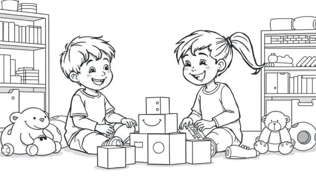 Een vrolijke kleurplaat van twee kinderen die samen spelen met bouwblokken in een gezellige kinderkamer.