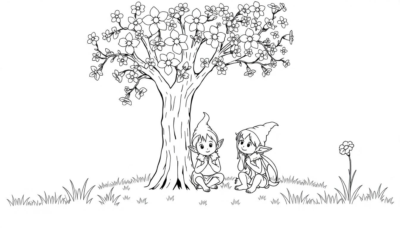 Kleurplaat met een sprookjesachtige boom vol bloesems en twee vrolijke elfjes die op het gras zitten.