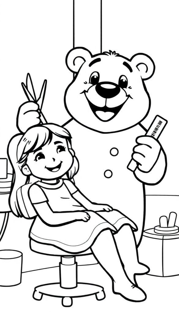 Kleurplaat van een beer die kapper is en lachend het haar van een meisje knipt, met op de achtergrond kappersspullen.