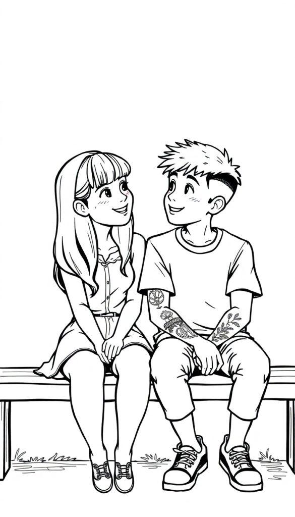 Kleurplaat van een meisje met curtain bangs en een jongen met tattoos, samen zittend op een bankje.