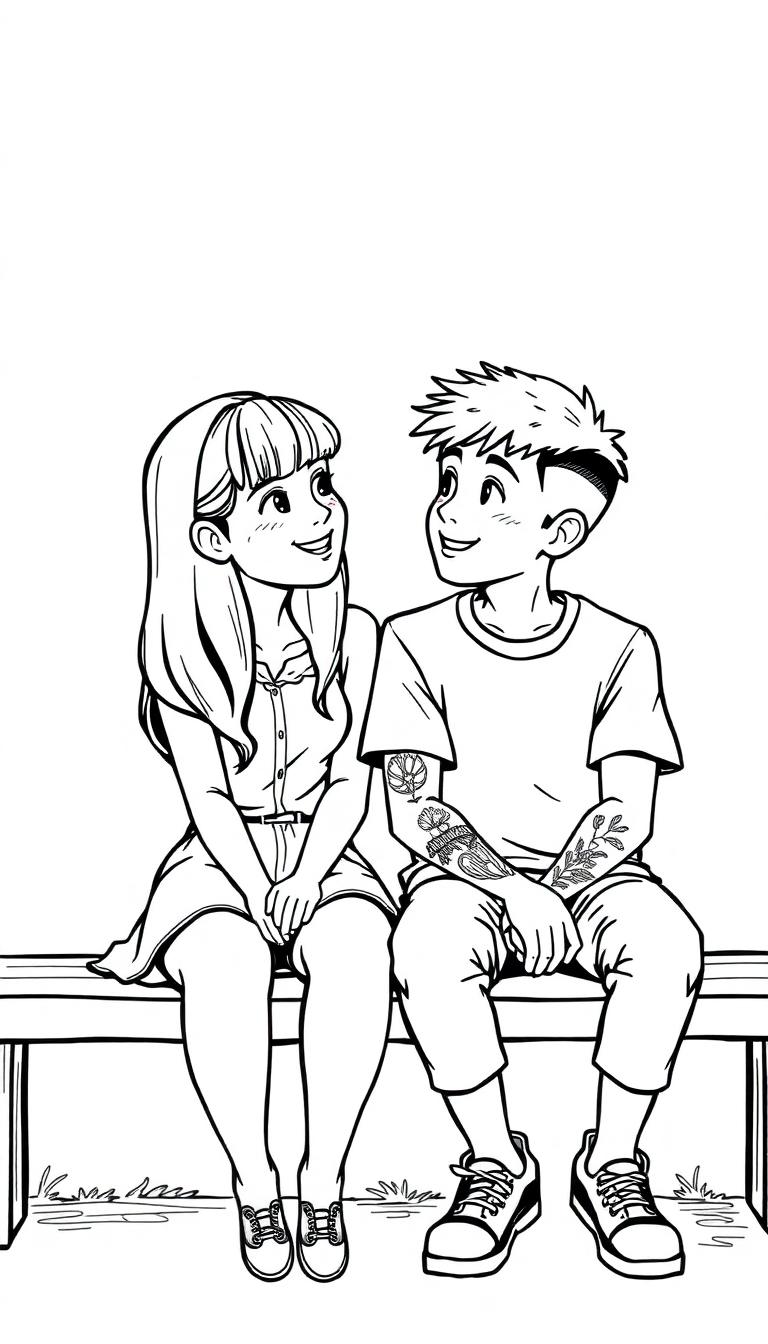 Kleurplaat van een meisje met curtain bangs en een jongen met tattoos, samen zittend op een bankje.